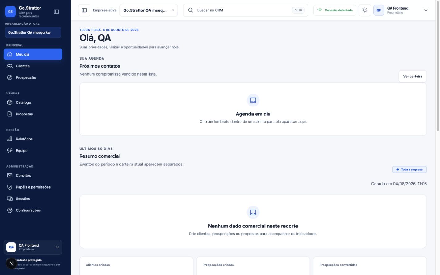 Dashboard do CRM Go.Strattor com agenda, clientes, prospecção e gestão comercial