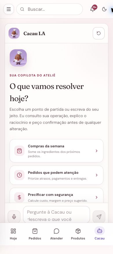Tela móvel real da Cacau I.A., copilota do Meu Doce