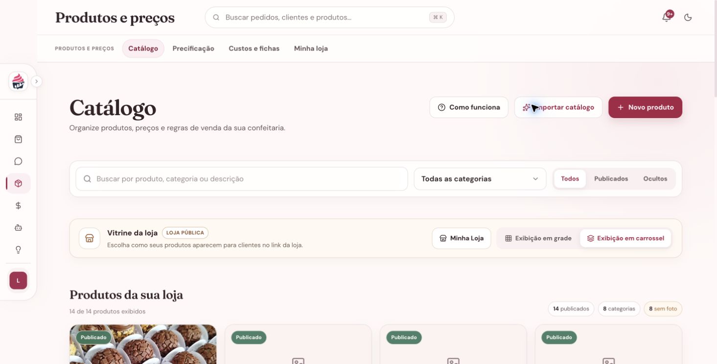 Tela do Meu Doce para organizar catálogo, produtos e preços